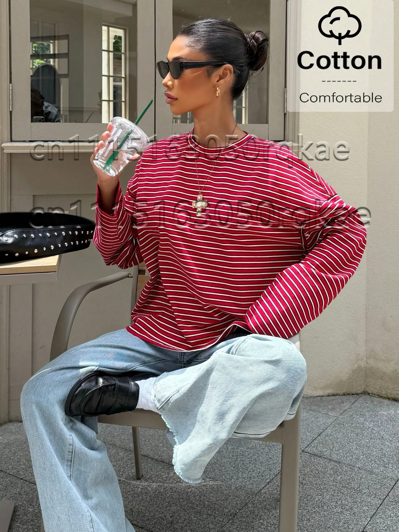 Preppy Blue White Stripe Design Pattern Printed Summer and Autumn Long Sleeve Minimalist Casual Outfit Pullover Loose T-shirt