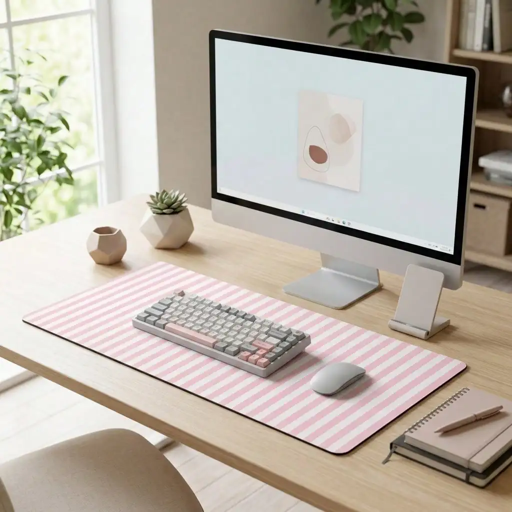 1pc INS Style Pink & White Striped Mouse Pad, Cute Desktop Decor Mat, Thick Anti-Slip Office Gaming Keyboard Pad