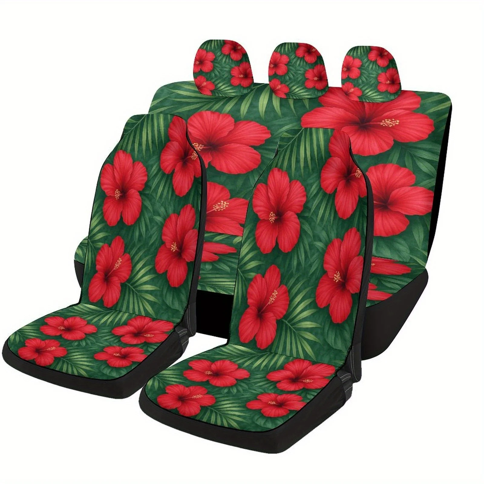 Set Of Car Seat Covers Featuring Red Hibiscus Flowers, Designed To Fit Most Vehicles. These Stylish And Comfortable Covers Serve