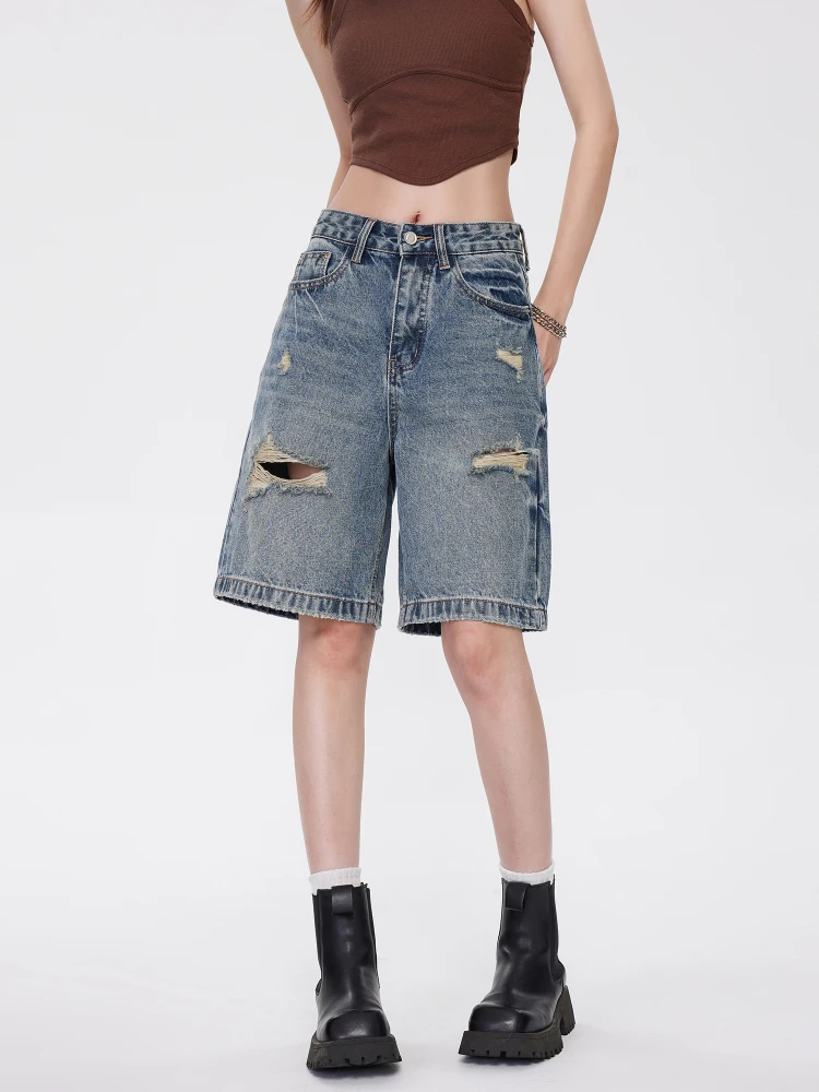 

Синие джинсовые шорты с эффектом потертости, с высокой талией, повседневные, из хлопка, весна-лето, модные, универсальные, женские, прямого кроя