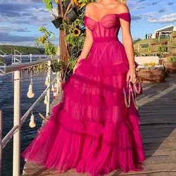 NA69 Customized Fuchsia Women Formal Evening Dresses Off Shoulder Ruffle Tulle Prom Party Dress Special Occasion Homecoming Gown