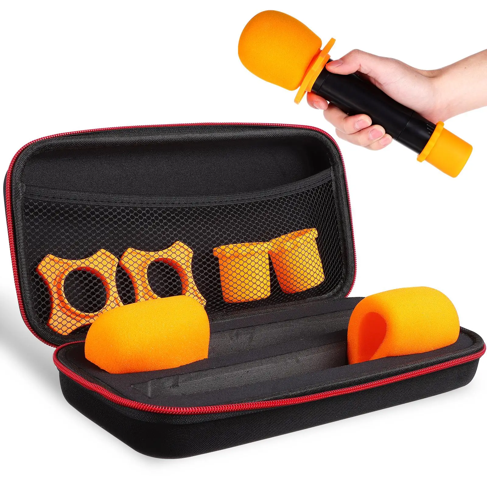 

Microphone Set Black Bag Orange Sponge Case Storage Organizer Large Capacity Protective Hard Box Zipper Closure Anti Shock Fall