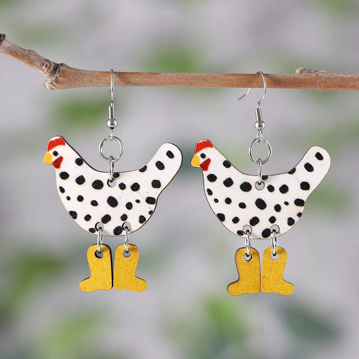 European and American new creative funny high heels rooster polka dot earrings double-sided wooden earrings women's