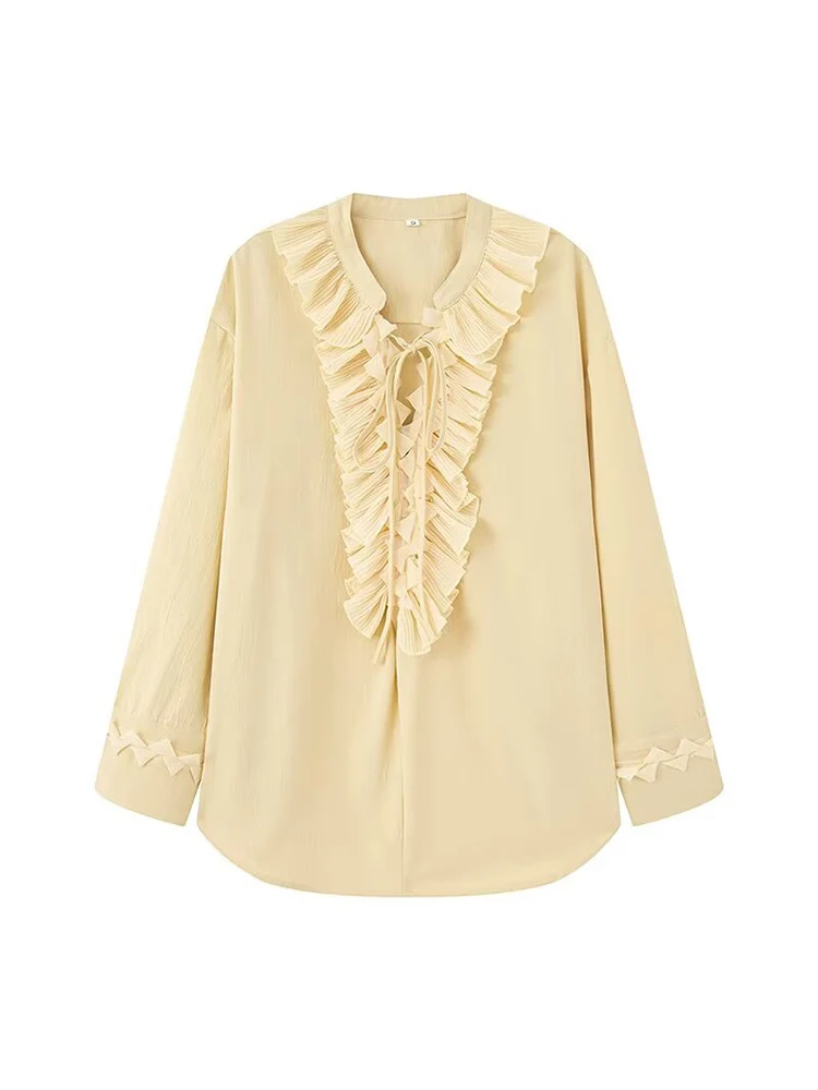

KUCLUT Women Fashion Yellow Lace Up Ruffled Pleated Pullover Blouse Vintage V-Neck Long Sleeves Female Chic Lady Shirts