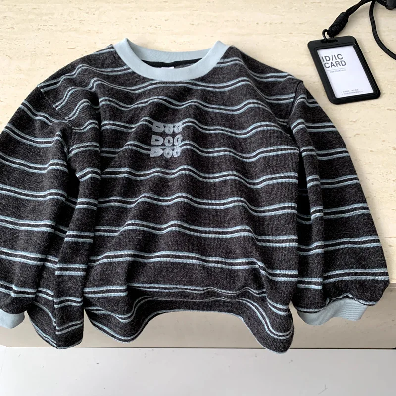 

Children Clothes Retro Color-blocking Striped T-shirt Spring and Autumn Boys Hoodie Girls Loose Fashionable Trendy T-shirt
