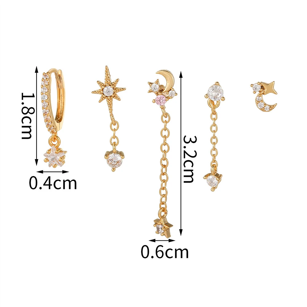 2 pezzi nuovi orecchini a cerchio con catena di zirconi cubici in acciaio inossidabile per le donne Star Moon Unique Punk Earring cartilagine Piercing Jewelry