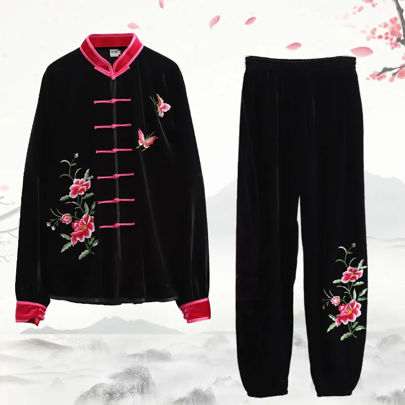 Women's Tai Chi Suit Autumn/Winter Thickened Thermal Golden Velvet Fabric Martial Arts Training Wear Embroidered Floral Pattern