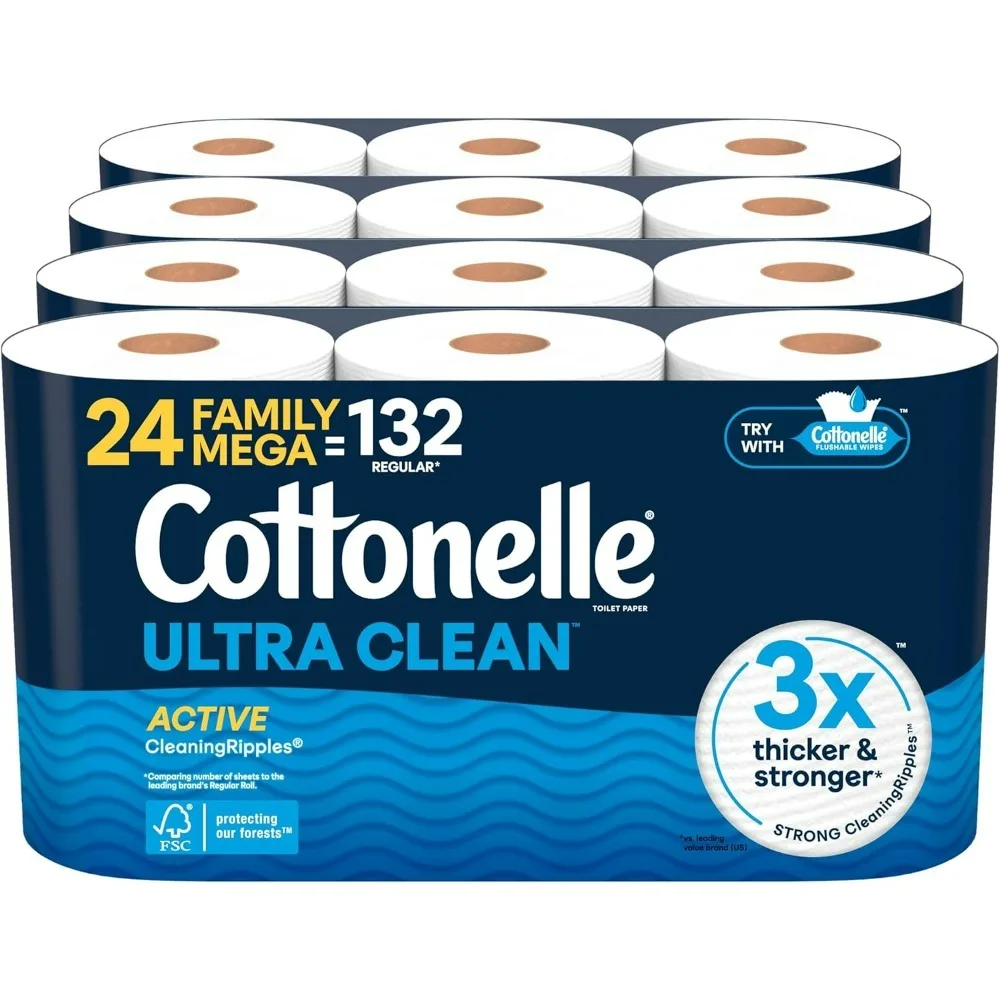 Ultra Clean Toilet Paper with Active CleaningRipples Texture, Strong Bath Tissue, 24 Family Mega Rolls = 132 Regular Rolls