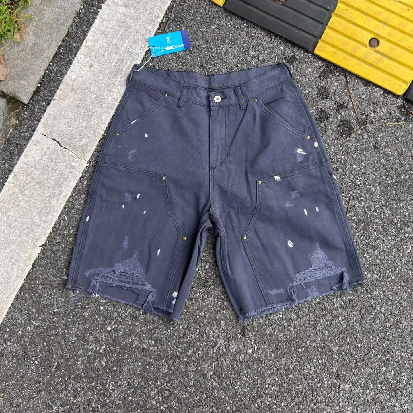American High Street Splatter Print Unisex Denim Shorts Distressed Loose Straight Cut Workwear Casual Denim Short Pants