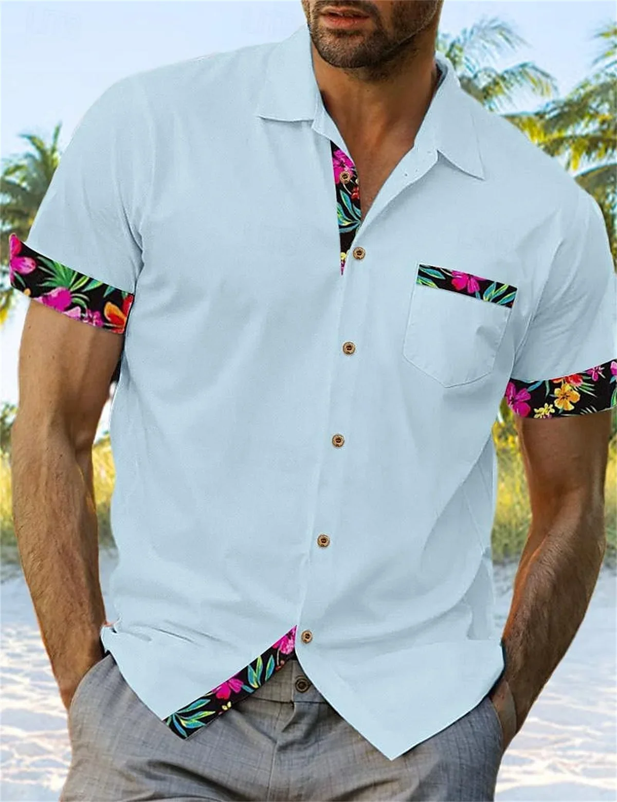 Men's light color natural pattern 3D printed lapel button short-sleeved shirt thin Hawaiian outdoor vacation casual top