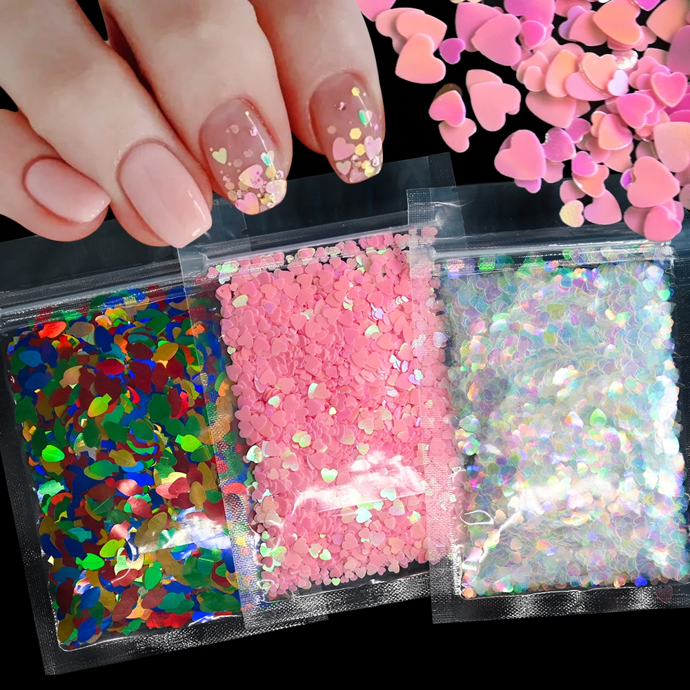 10g różowe serce miłosne płatki do paznokci cekiny luzem holograficzny brokat ultracienkie różowe płatki błyskotka DIY ozdoby do paznokci narzędzia do Manicure*