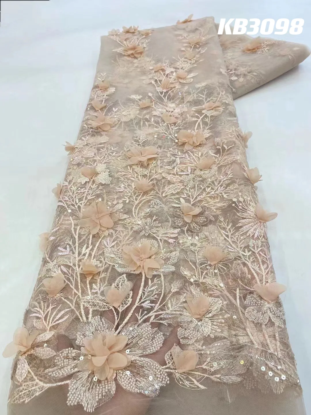 DREAMYLSI Luxurious Nigerian Beads Lace Fabric Dubai High Quality Fabric 2024 3D Flower Lace Fabric For Wedding Dress KB3098