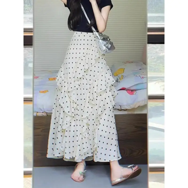Elegant High Waist Asymmetrical Design Half-length Skirt Women's Gauze  Polka Dot A-line Skirt Standard Fit Summer Collec...