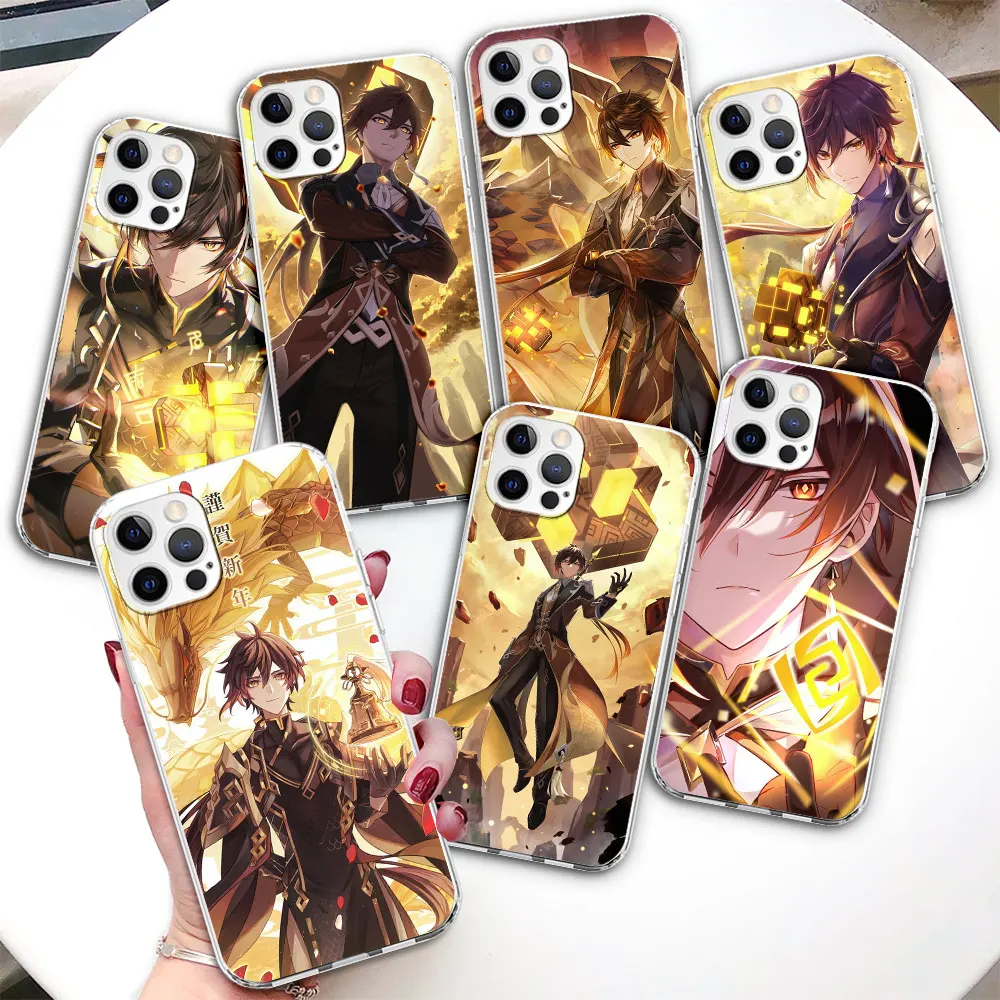 Zhong Li Genshin Impactcase Voor Apple Iphone 11 15 Plus 13 12 Mini 7 8 X Xs Xr 14 Pro Max Transparante Siliconen Telefoonhoes