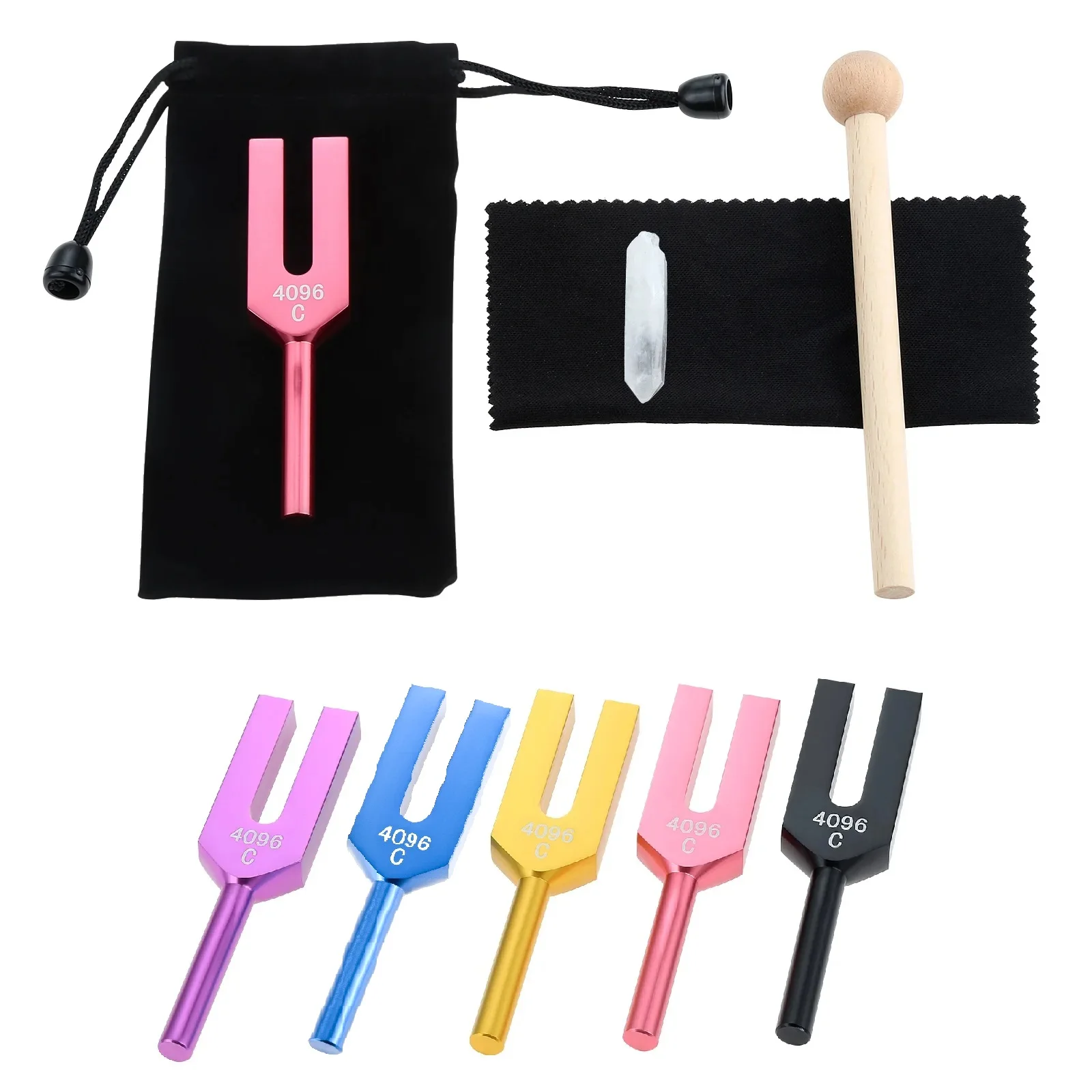 4096Hz Tuning Fork & Wooden Hammer Storage Bag Cloth Relaxation Crystal Clean Kit for DNA Repair Healing Sound Therapy Vibration