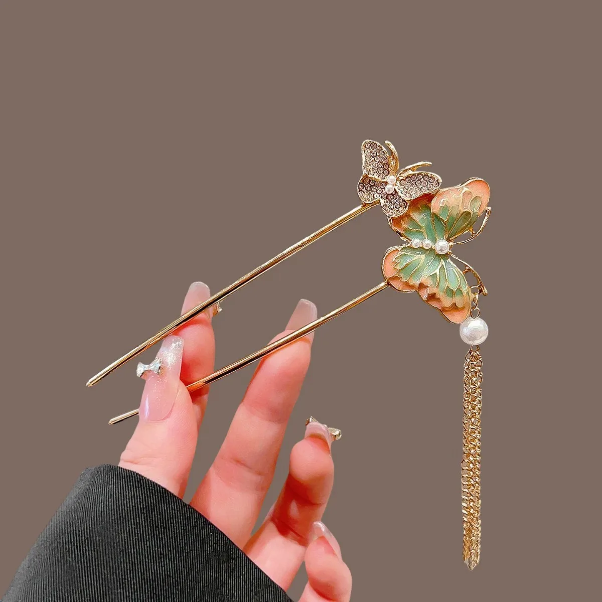 Super Fairy Antique Butterfly Tassel Hairpin Women's Chinese Style Plate Hair Stick U Shape Rhinestones Headwear Hair Accessory view 2