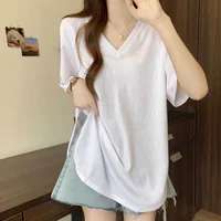Slimming V-Ne ort Sve T-irt for Women Casual Comfortable Loose Fit Mid-Length Open-Cut Top Suitable for plus Sizes - Image 2