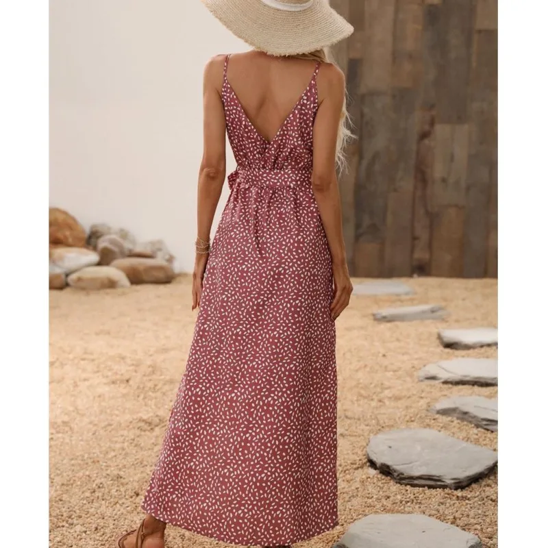 Mujeres Sexy espalda descubierta vendaje hendidura playa vestidos de verano cuello en V sin mangas verano estampado Floral vestido largo Casual elegante vestido negro