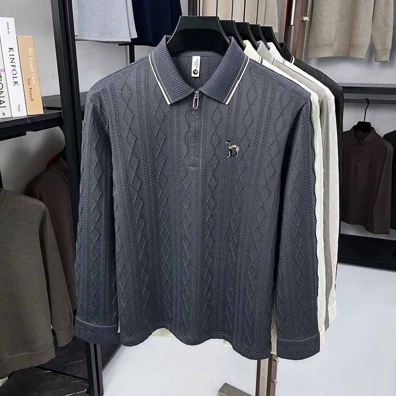 Hochwertiges Herren-Poloshirt mit Stickerei-Print, einfarbig, Jacquard, langärmelig, halber Reißverschluss, Kragen-T-Shirt, lässige Mode für Herren. – Detail 4
