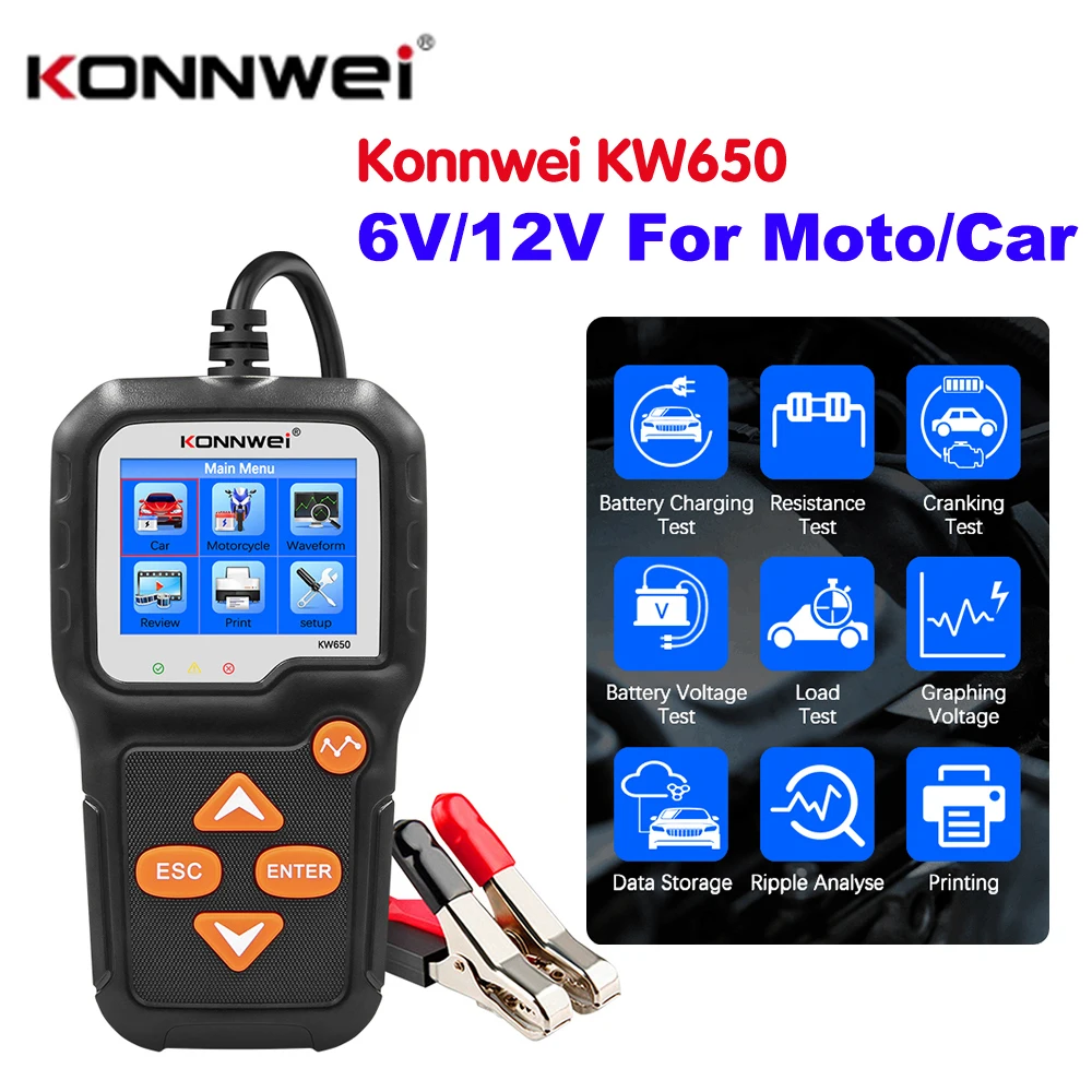 KONNWEI KW650 Car Motorcycle Battery Tester 6V 12V Auto Battery Analyzer 100 to 2000 CCA Car Moto Cranking Charging Test Tool 