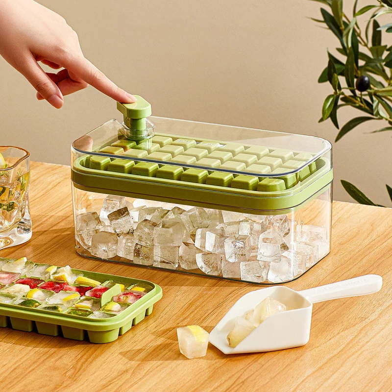 Eiswürfelbereiter mit 32/64 Gittern, Eis-Aufbewahrungsbox mit Deckel, zum Drücken von Eisformen, Silikon-Eiswürfelform, Eiswürfelform mit Ein-Knopf-Entriegelung