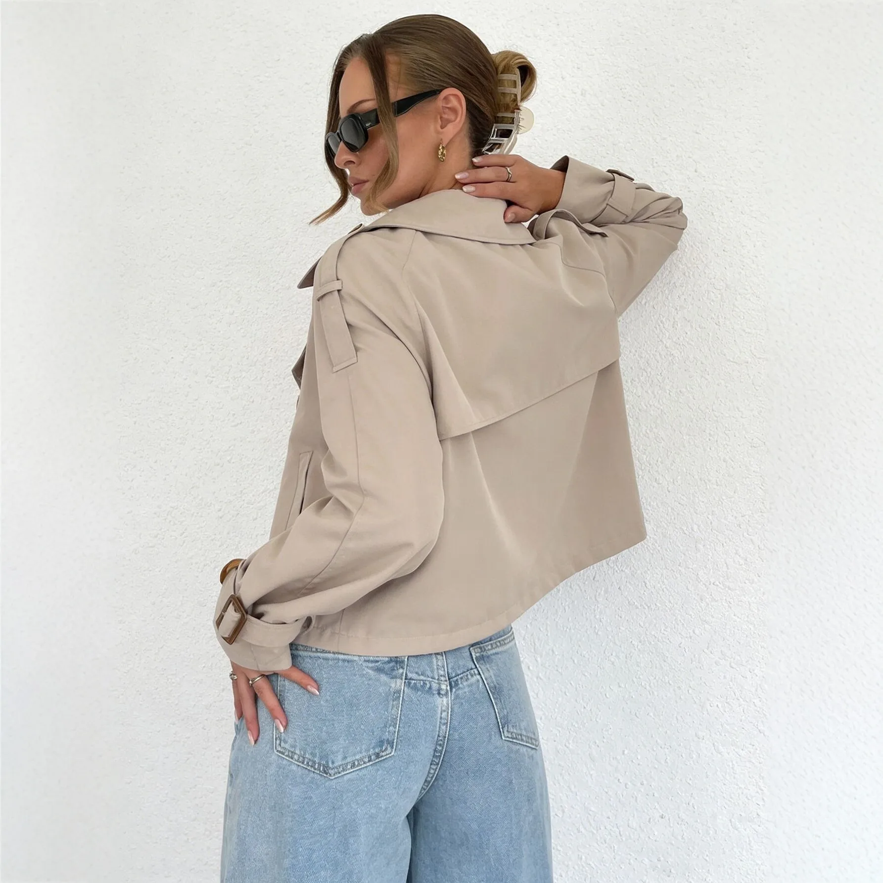Casual Solid Beige Notched Collar Straight Fit Windbreaker Lightweight Cropped Raincoat Belted Cuffs Oversized Fit