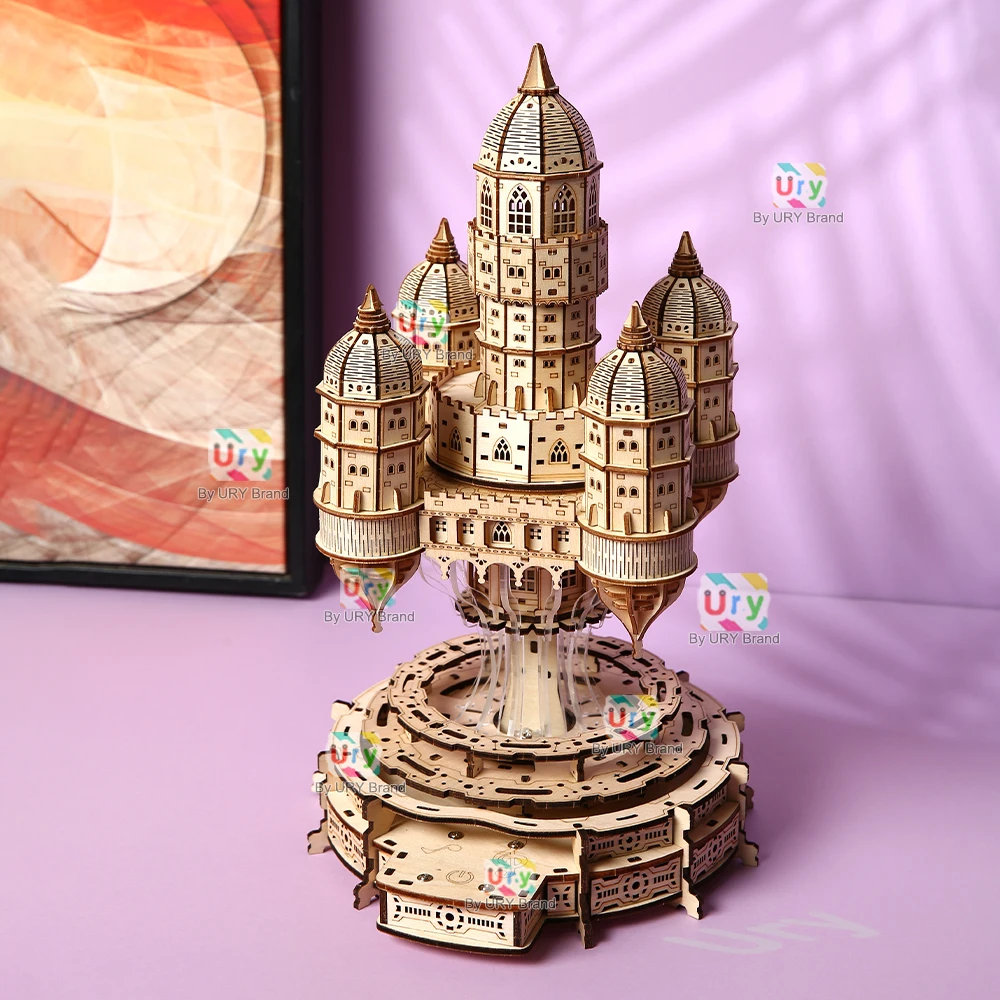 ثلاثية الأبعاد لغز خشبي البيت الملكي الكهربائية الدورية السماء القلعة مع مجموعة الضوء لعبة للأطفال الكبار DIY نموذج الديكور للهدايا
