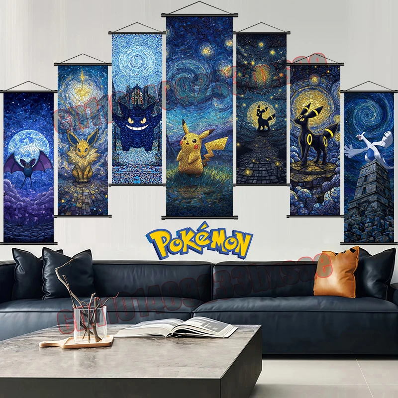 

Eevee Pikachu Gengar Charmander Anime Pokemon Scroll Painting, HD Printing Art Cloth, High Quality Home Art Wall Decoration Gift
