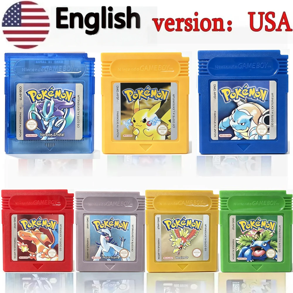 In Stock GBC Pokemon 16-bit Game Video Game Cartridge Console Card Red Blue Crystal Golden Green Silver Yellow