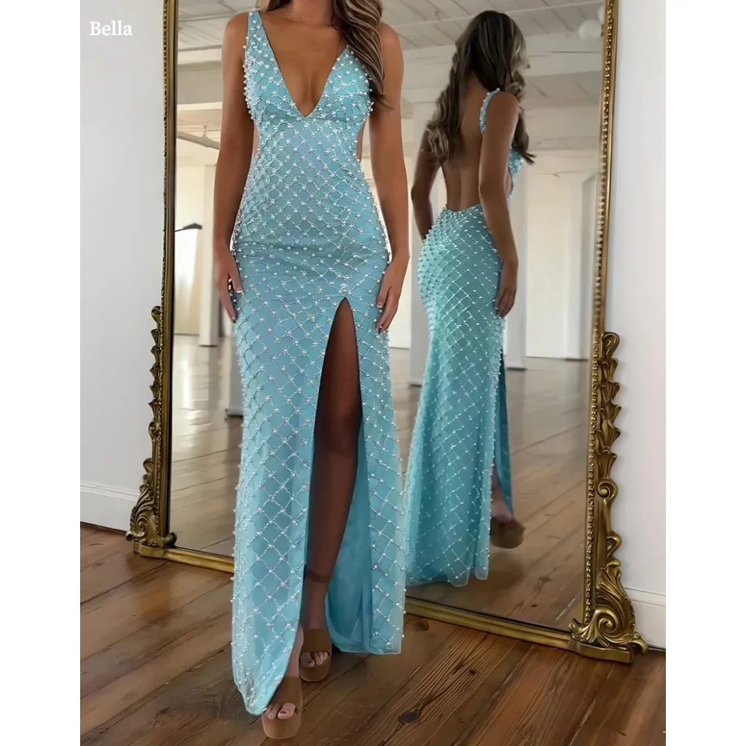 

Bella Customized Turquoise Deep V Neck Open Back robes de soirée Beaded Grid High Slit Mermaid Gown Elegant Party Dresses 2025