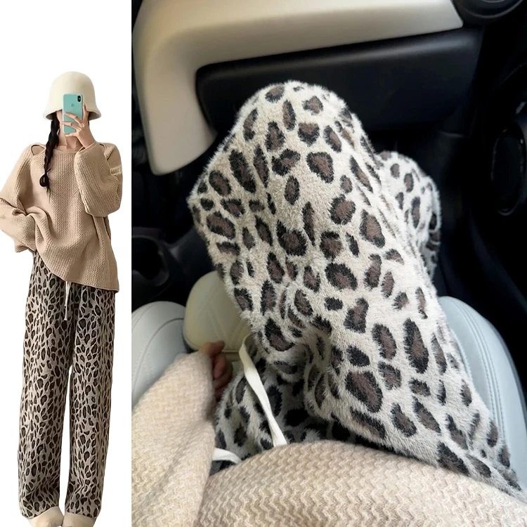 ارتفاع الخصر الطابق طول كسول سراويل تقليدية المرأة الجديدة 2025 الأمريكية ليوبارد طباعة المنك المخملية السراويل الكورية Sle مستقيم الساق