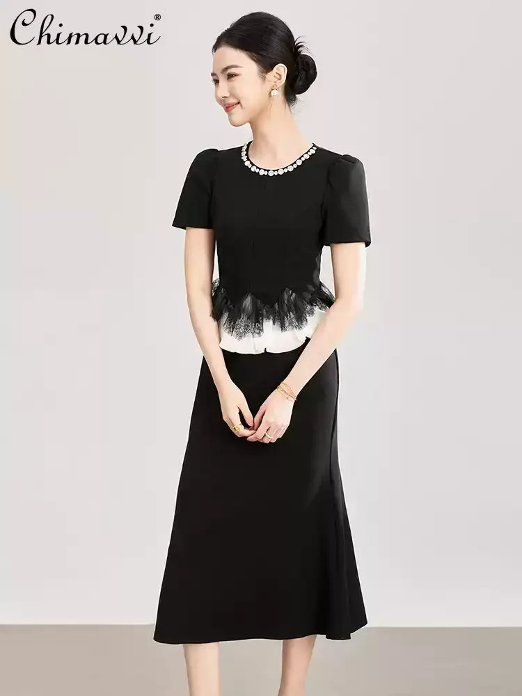 

French Elegant Temperament Celebrity Diamond Crew Neck Short Sleeves Lace Ruffled Splicing High Waist Black Long Dress For Women