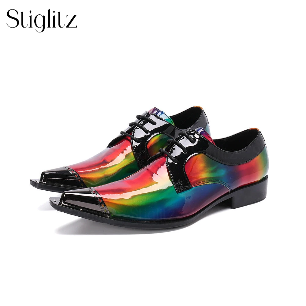 Rainbow Patent Leather Metal Tip Shoes Elegant Fashion Dress Shoes Pointed Toe Lace-Up Leather Shoes Designer Handmade Men Shoes