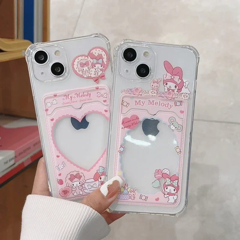 Cute Cartoon Sanrio My Melody Card Pocket Phone Case For iPhone 16 15 14 13 12 11 Pro Max Soft Wallet Clear Cover Card Holder