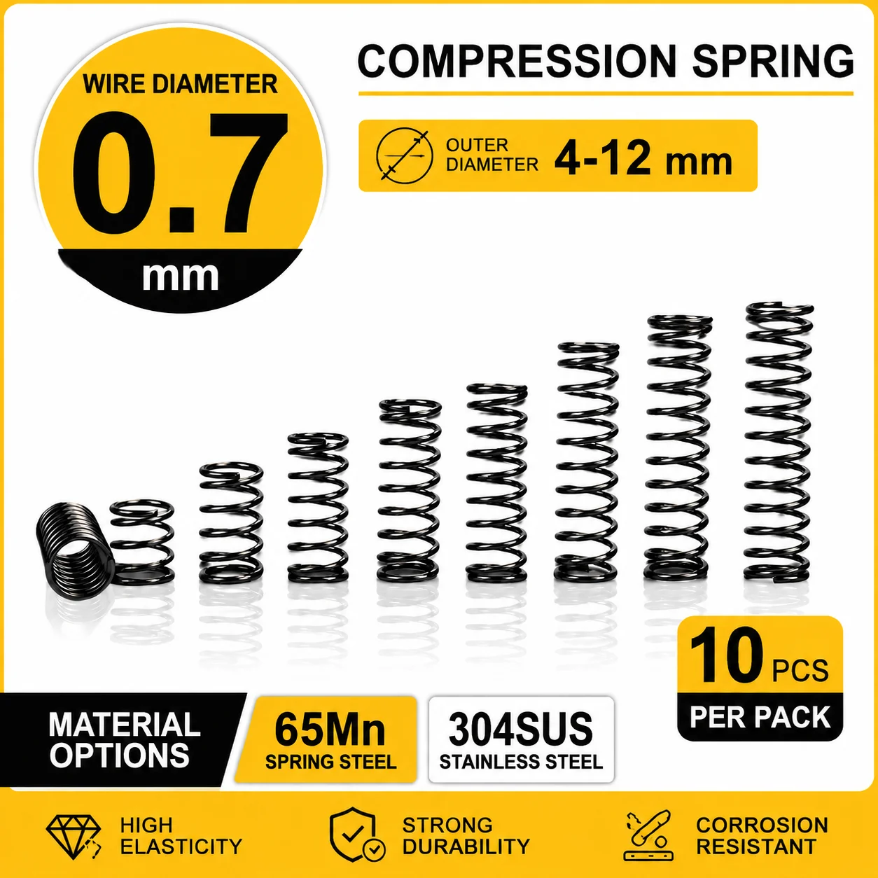 

10Pcs 0.7mm Micro Compression Spring - 304SUS/65MN Spring Steel OD:4-12mm Length: 5-50mm instrument springs