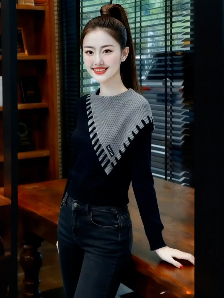 

Элитный женский свитер с длинным рукавом для повседневной носки осенью и зимой, вязаный, в стиле колор-блок, свободного кроя, с круглым вырезом