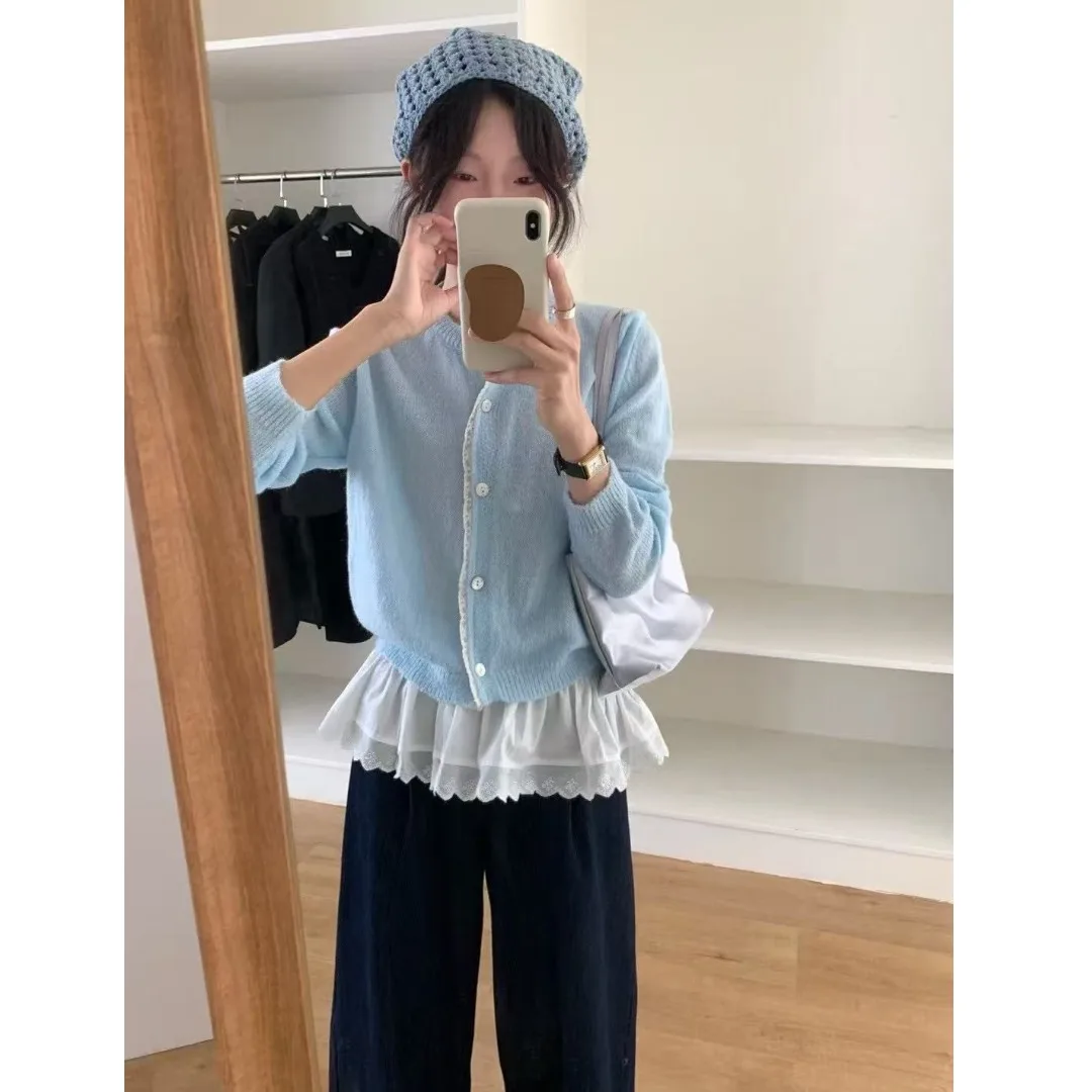 

Корейский модный кардиган на раннюю весну с кружевной отделкой, мягкий, красивый, цветной, декоративный, открытый, женский топ с длинными рукавами, стандартный крой.