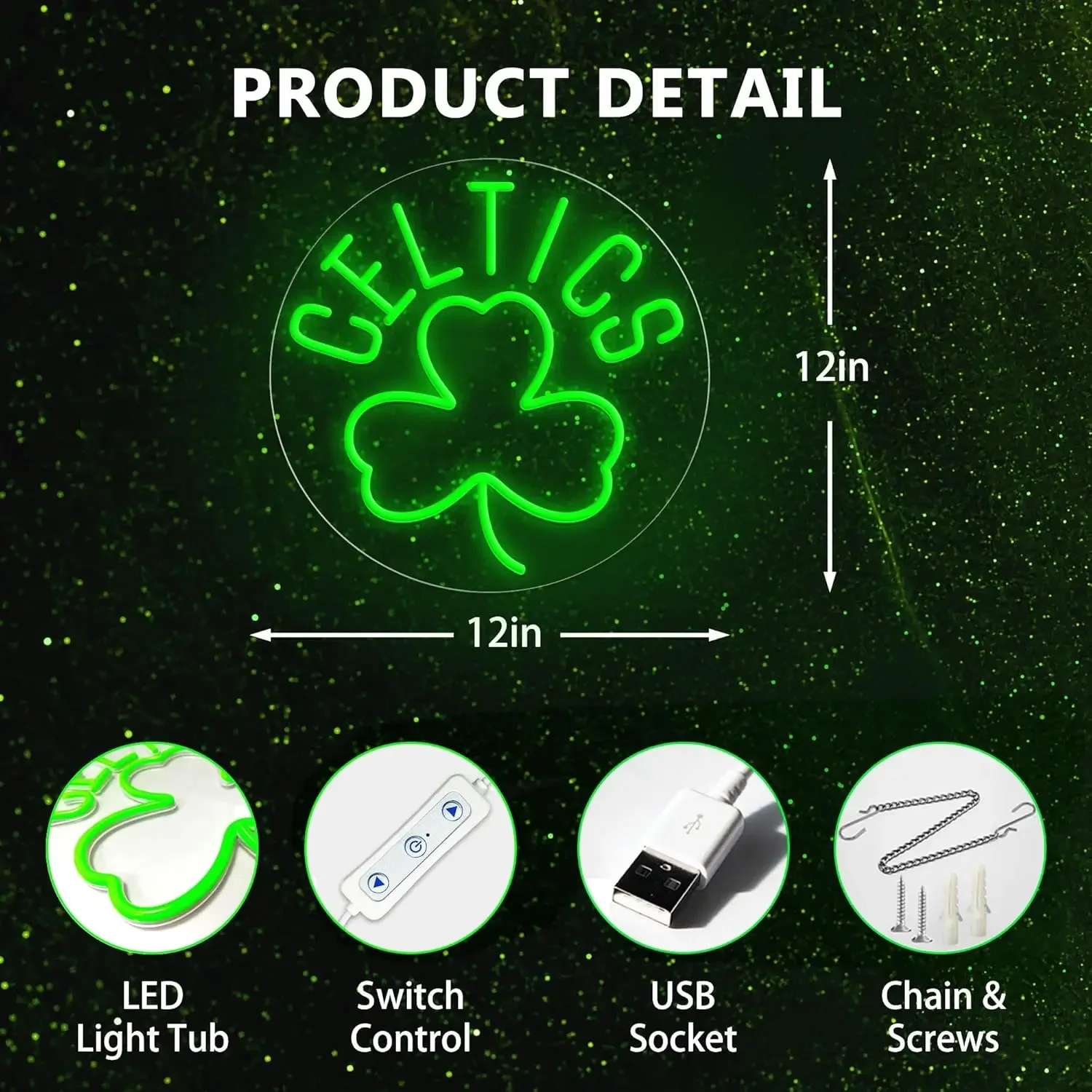 Celtics Shamrock Neon Light Dimmable Sign USB Power for Party Game Day Sports Shop Teen Bedroom Basketball Court Wall Decor Gift