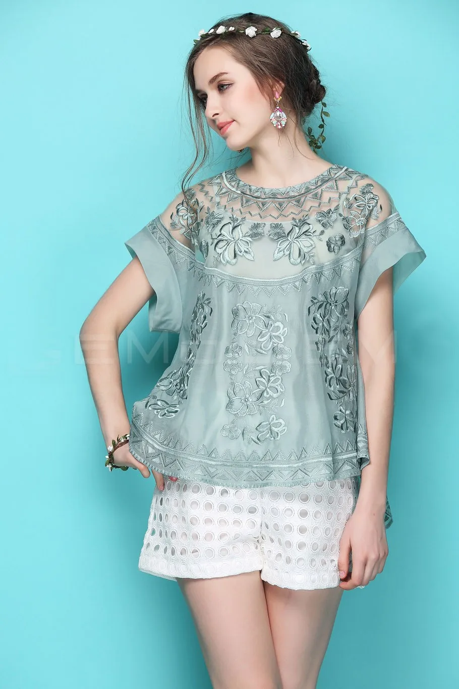 Summer Embroidery Lace Women\'s Shirts The Bat Sleeve Loose Two-Piece Retro Lady Top + Camisole Female S-XL