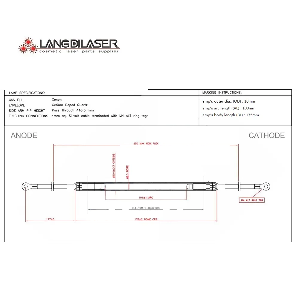 YAG-Lámpara de arco de xenón láser, lámpara de Reino Unido F394, 10x100 x 175F, para Candela GentleMax / Alexandrite