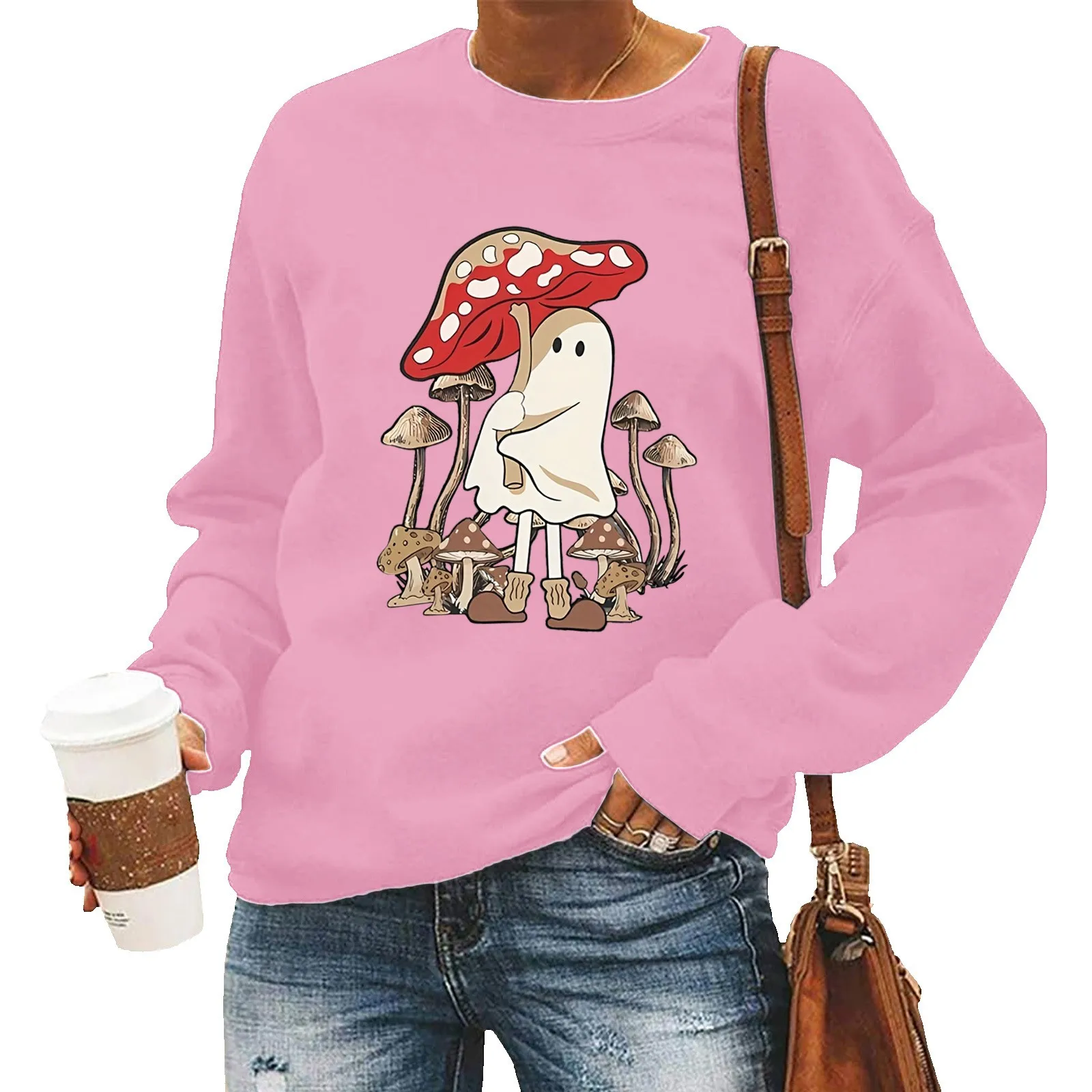 Halloween Ghost Mushroom Printed Sweatshirts Autumn Winter Long Sleeve Round Neck Casual Sweater Women Hoodless Sweatshirt