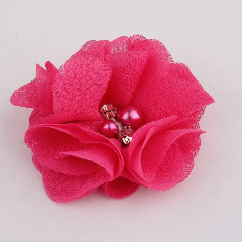 10 sztuk 2 "35 kolorów śliczne eleganckie kwiaty szyfonowe z Rhinestone perłowa tkanina kwiat do włosów z klipsami dla dziewczynek akcesoria do włosów