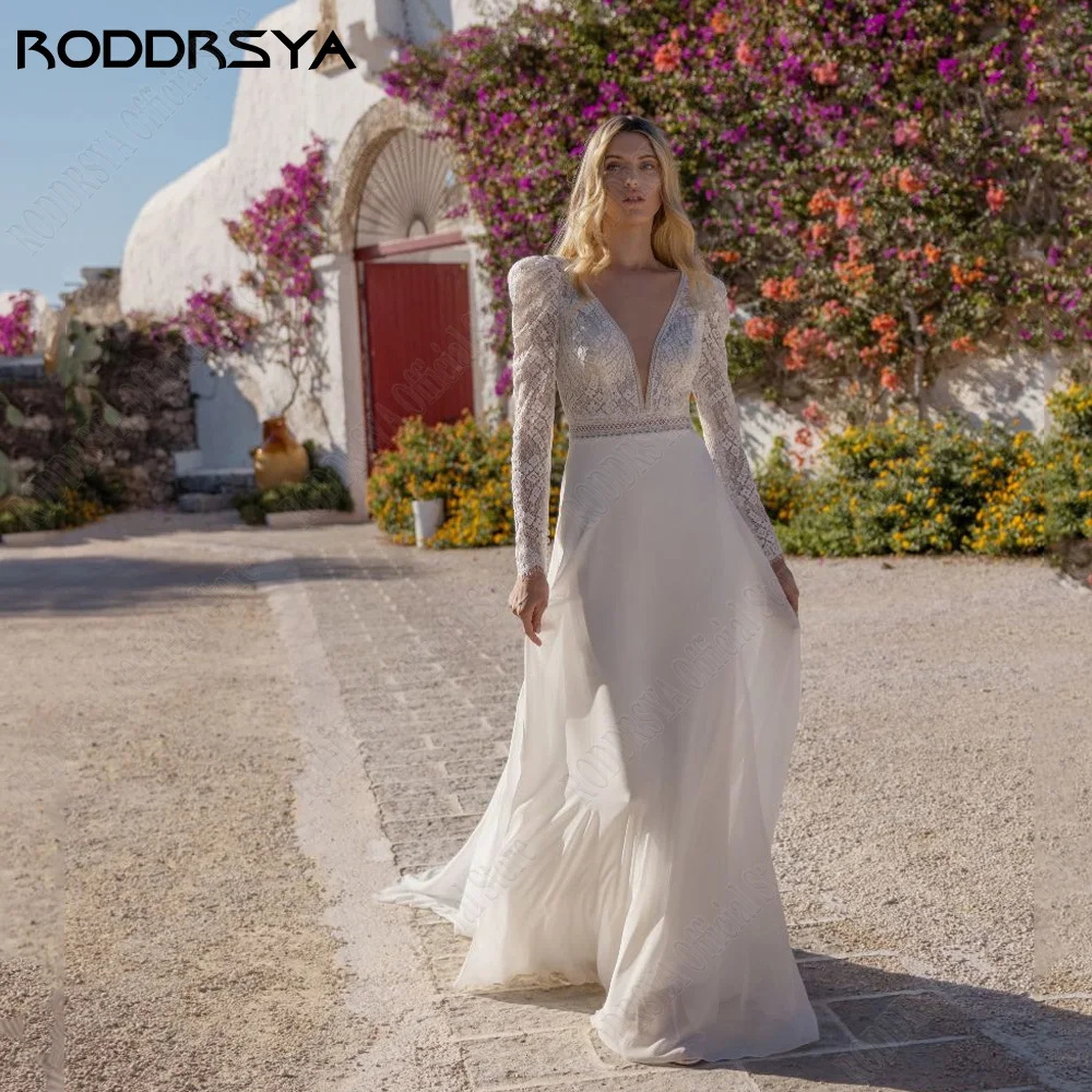 RODDRSY Sexy Backless Wedding Dresses For Woman Chiffon A-Line Bride Party Gowns Civil Long Sleeves Lace 2024 robe de mariée