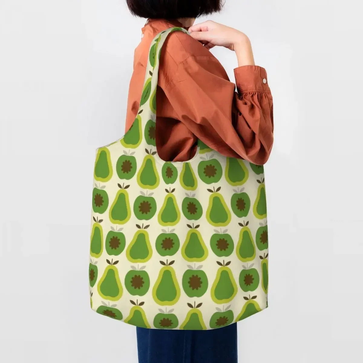 Custom Apples And Pears Grocery Shopping Bags Canvas Shopper Tote Shoulder Bags Big Capacity Portable Orla Kiely Bags Handbags