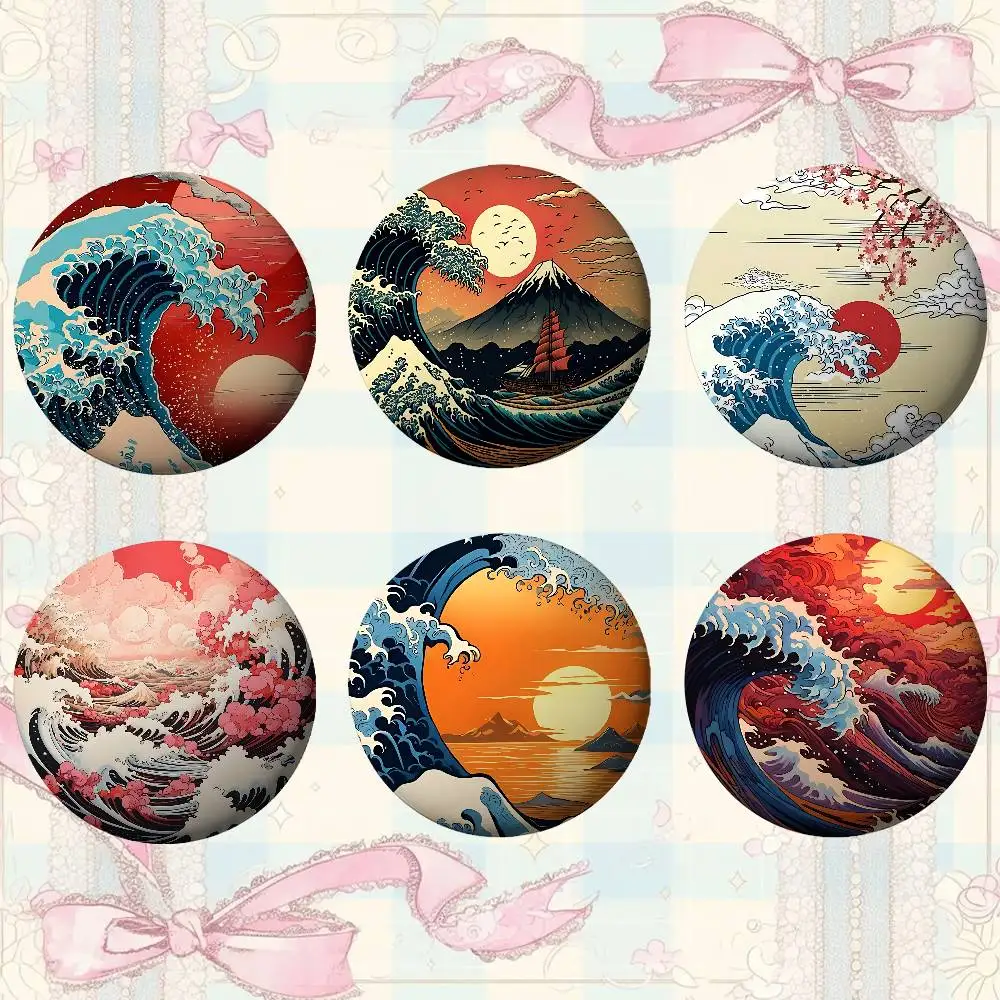 Die große Welle von Kanagawa Hokusai Broschen, stilvolle Ornament-Pins, exquisite runde Abzeichen, Taschenzubehör, Schmuck, Geschenke