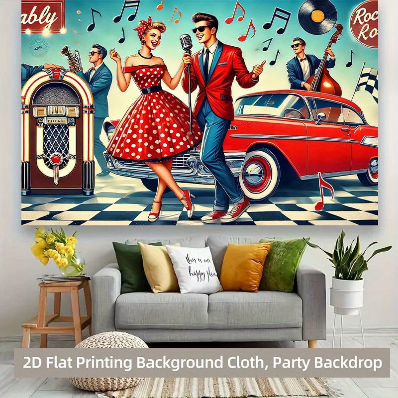 2D flat, 1pc retro music party background - retro 1950s rock theme with red cars, microphones and speakers - view 3