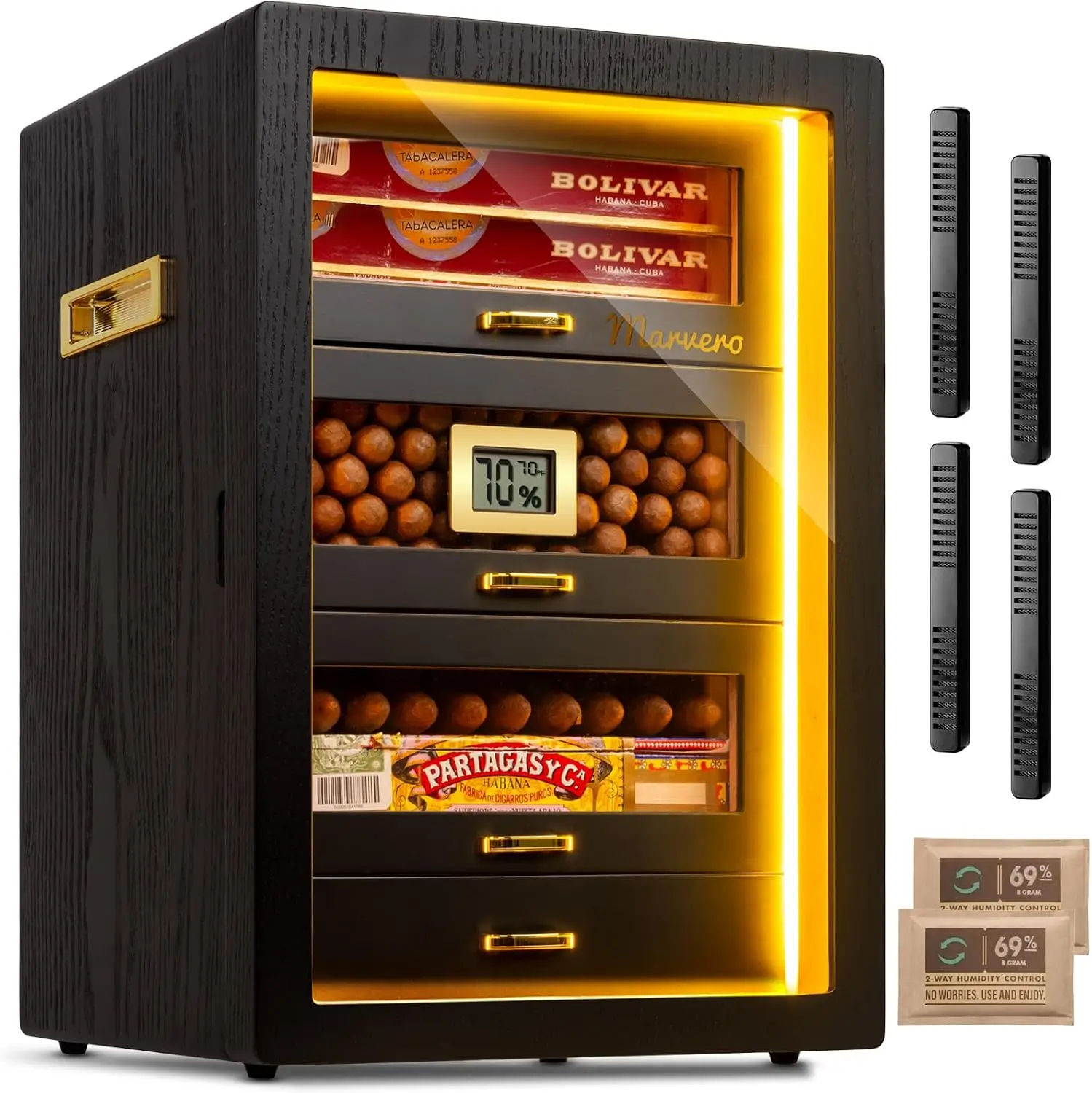 ^For 200-Count Black Cigar Humidor Cabinet with Digital Hygrometer, LED | Black finish, 4 cedar drawers, triple-sided light
