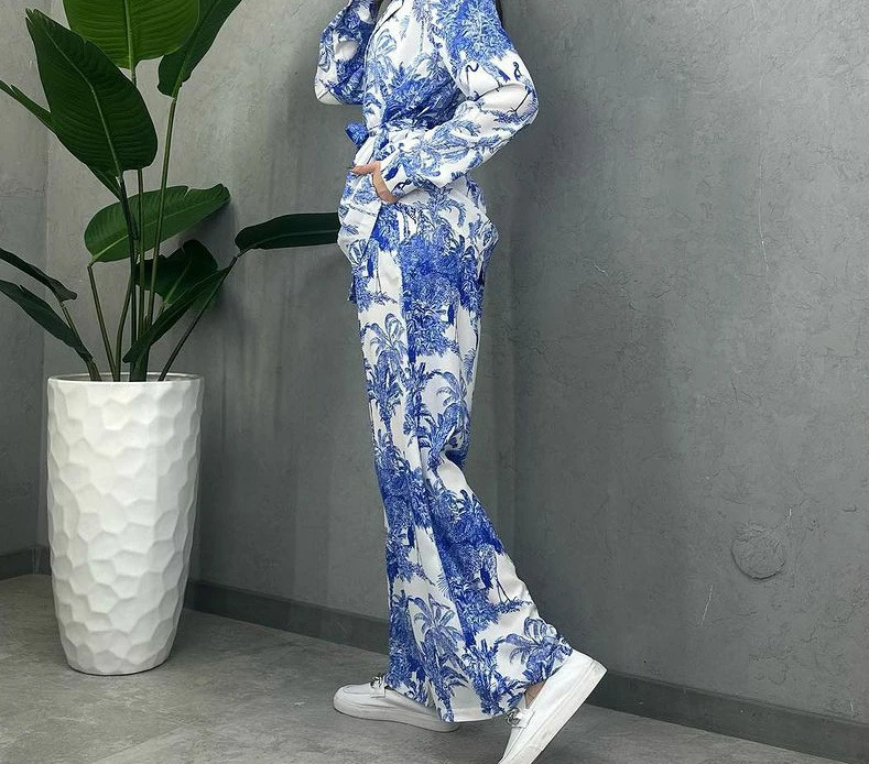 Women Print Two Piece Pant Sets Full Sleeve Cardigan Shirts Lace Up Wide Leg Pants Midi Waist Loose Splice Casual Summer