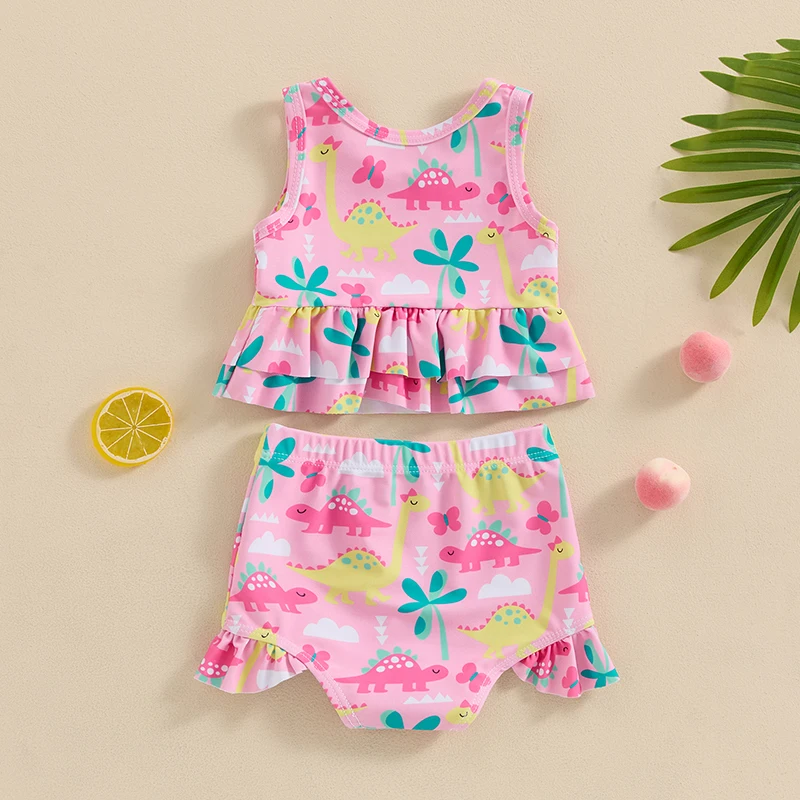 Little Girls Dinosaur Swimsuit Set Round Neck Layered Ruffled Hem Tank Tops Frill Trim Shorts Toddler Bathing Suit Outfit