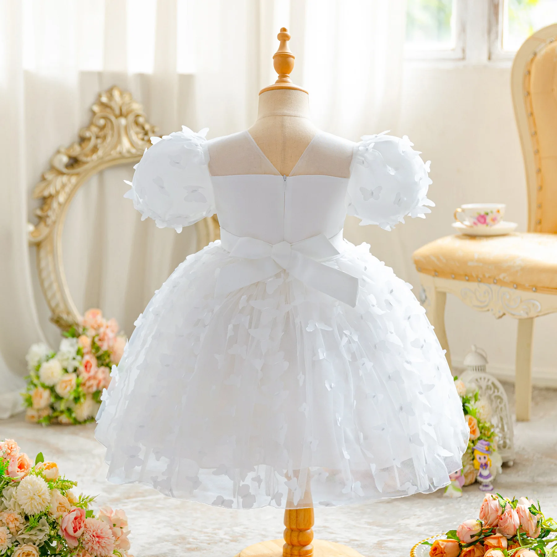 New Girl Dress White Wedding Bubble Bubble Sleeve Princess Skirt Children\'s Butterfly Embroidery Birthday Party Dress 3-10 years